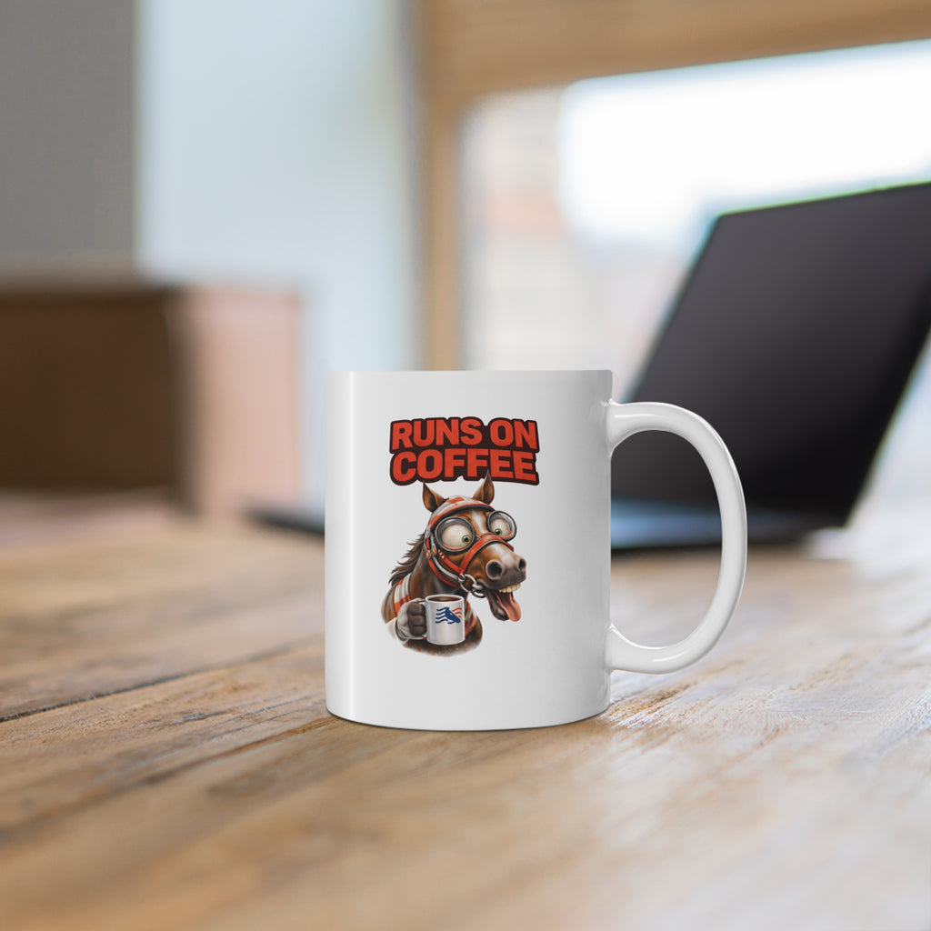 Coffee Horse Mug — "Runs On Coffee" 11oz Ceramic Coffee Cup