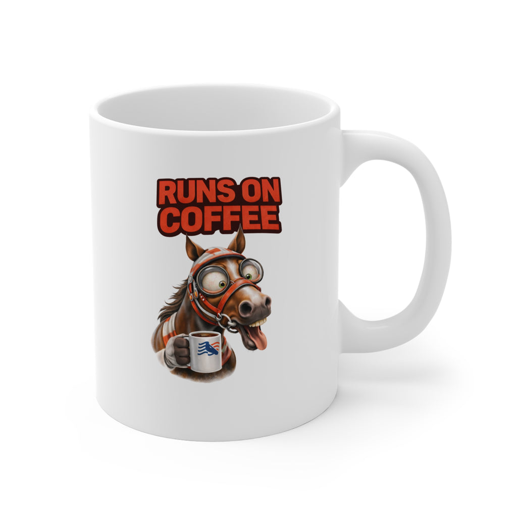 Coffee Horse Mug — "Runs On Coffee" 11oz Ceramic Coffee Cup
