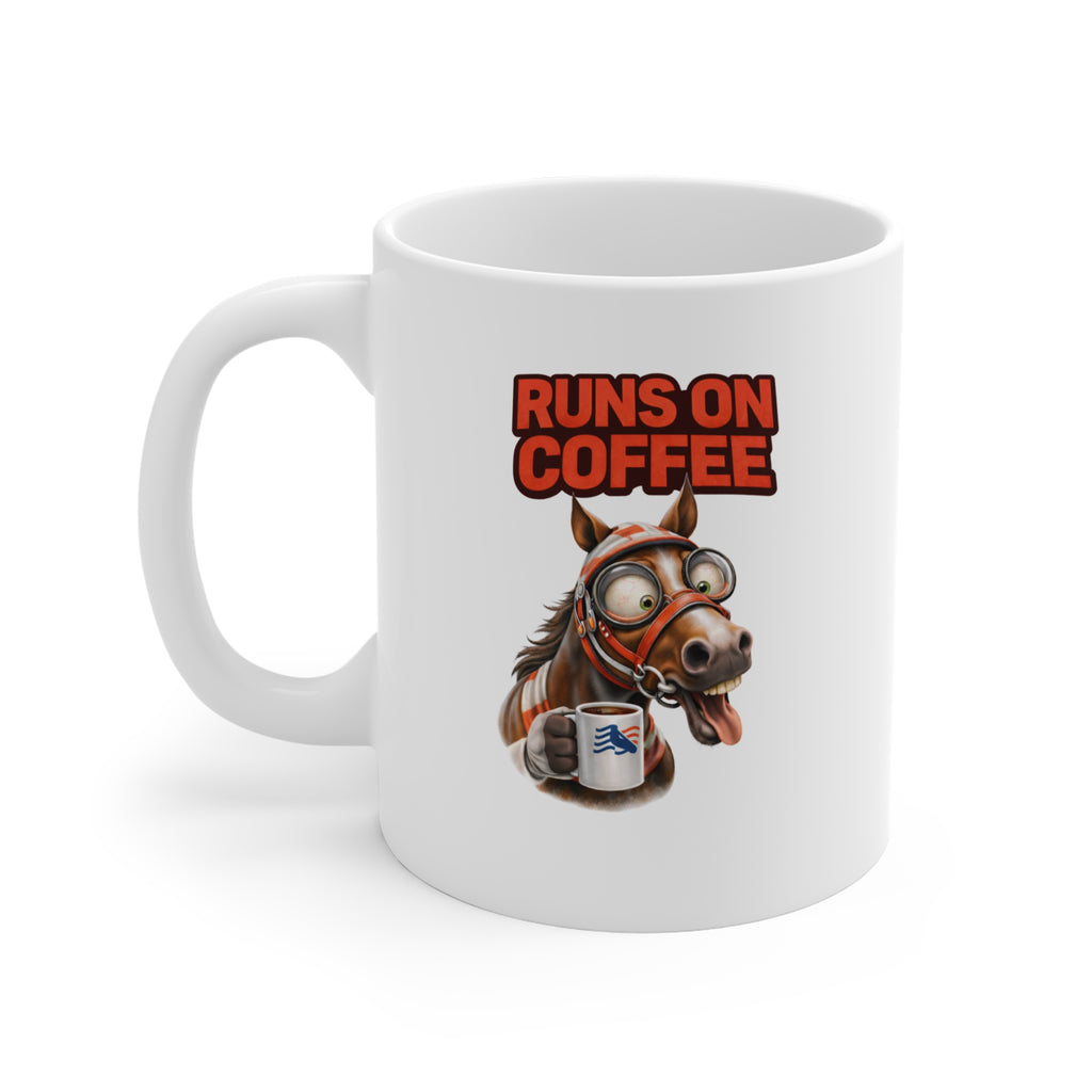 Coffee Horse Mug — "Runs On Coffee" 11oz Ceramic Coffee Cup