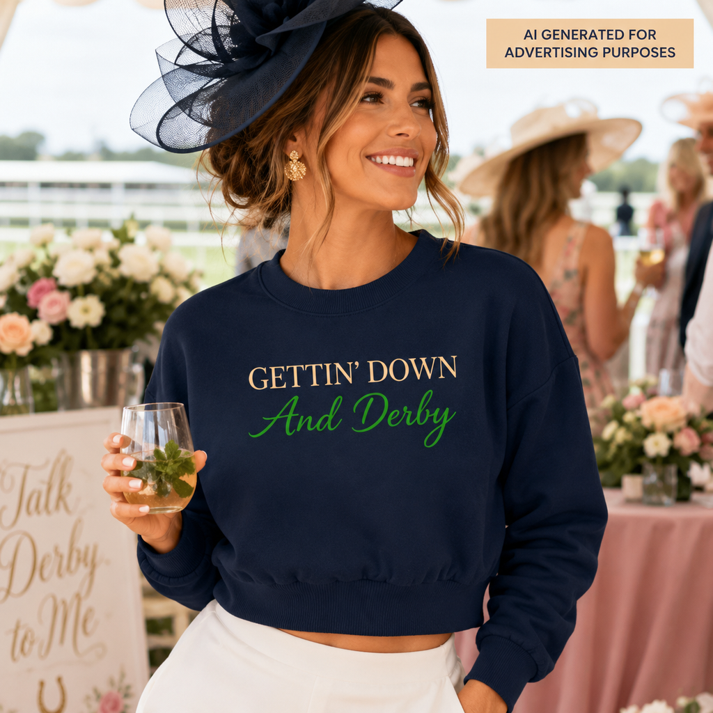 Gettin’ Down and Derby Cropped Sweatshirt, Women’s Horse Racing Crewneck, Derby Day Outfit, Race Weekend Equestrian Top