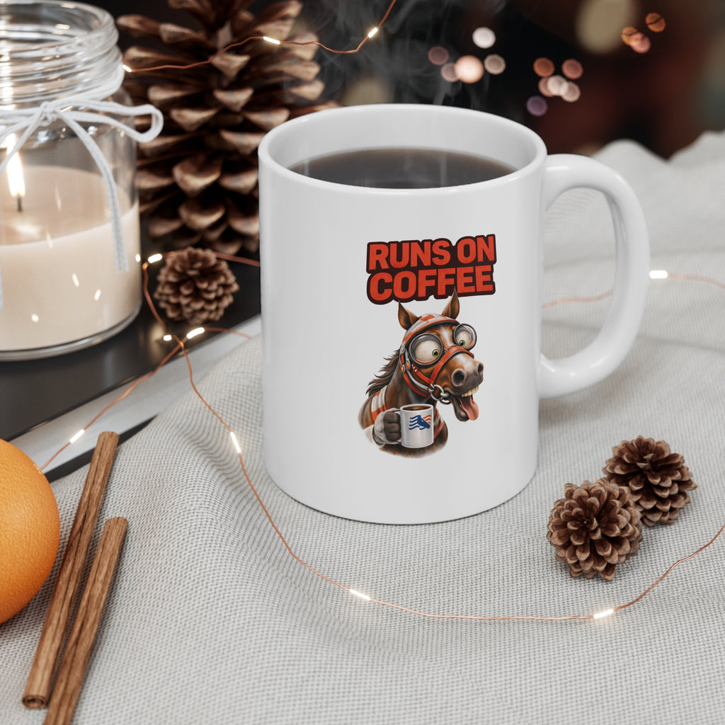 Coffee Horse Mug — "Runs On Coffee" 11oz Ceramic Coffee Cup