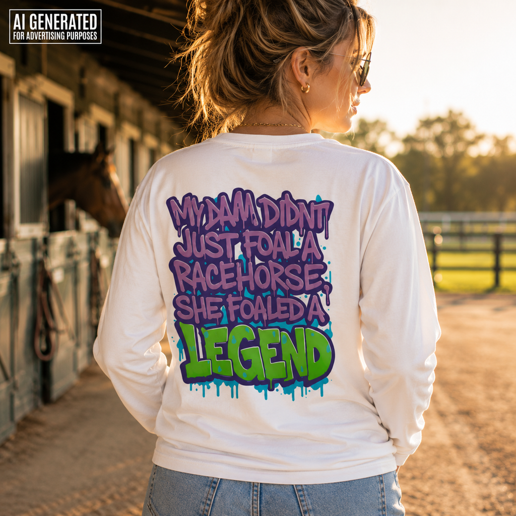 My Dam Didn’t Just Foal a Racehorse Shirt, She Foaled a Legend, Funny Horse Racing Long Sleeve Tee, Thoroughbred Lover Gift, Equestrian Tee
