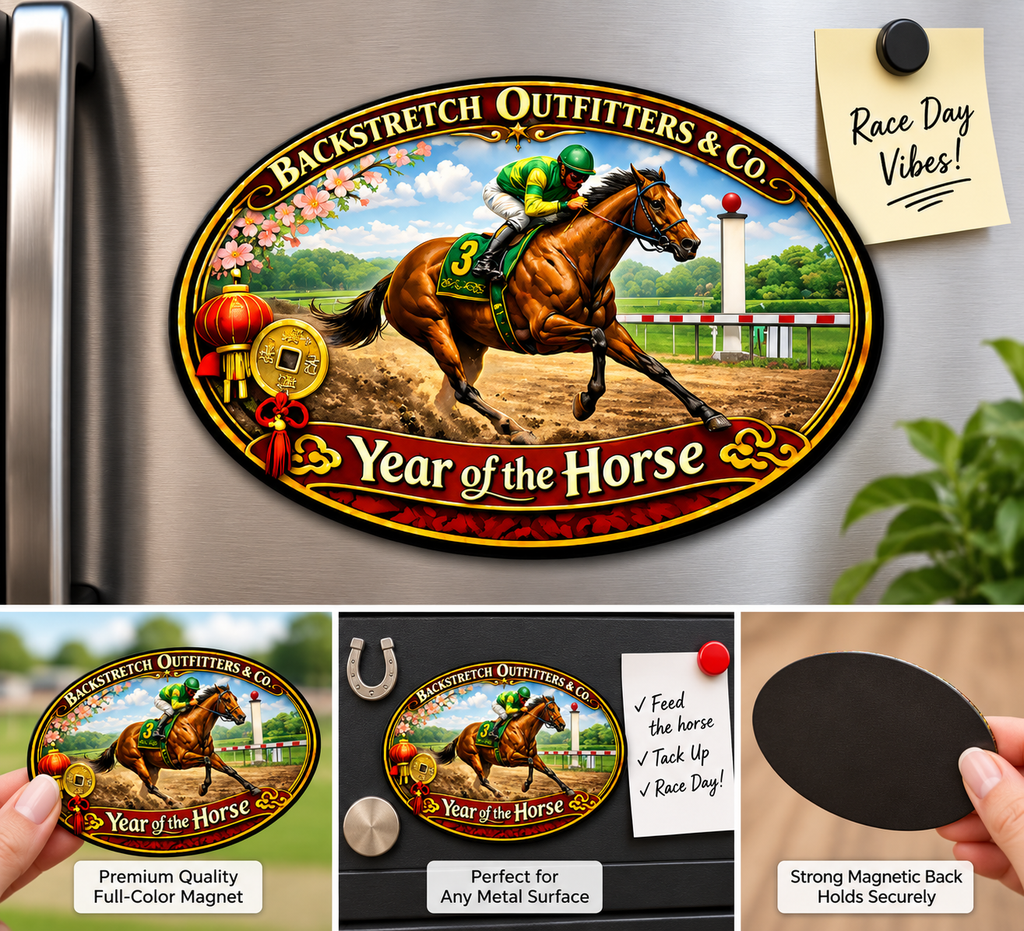 Year of the Horse Oval Sticker | Horse Racing Decal | Lunar New Year Thoroughbred Sticker | Backstretch Outfitters & Co