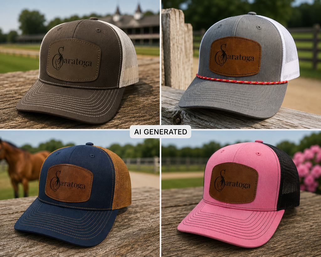Saratoga Leather Patch Hat | Premium Mesh Snapback | Horse Racing Trucker Cap