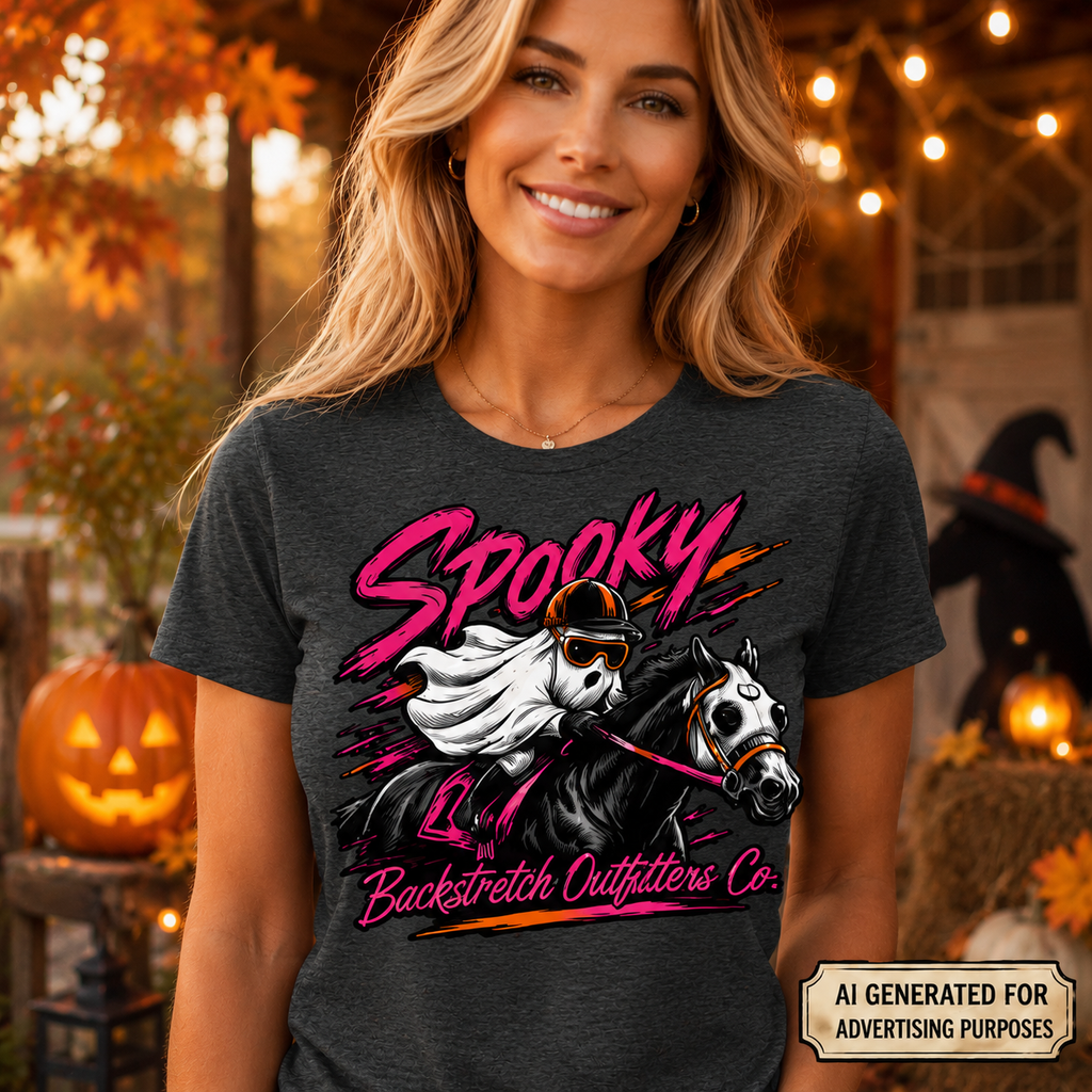 Spooky Ghost Jockey Horse Racing Shirt, Women’s Halloween Equestrian Tee, Racehorse Graphic Top, Horse Lover Gift