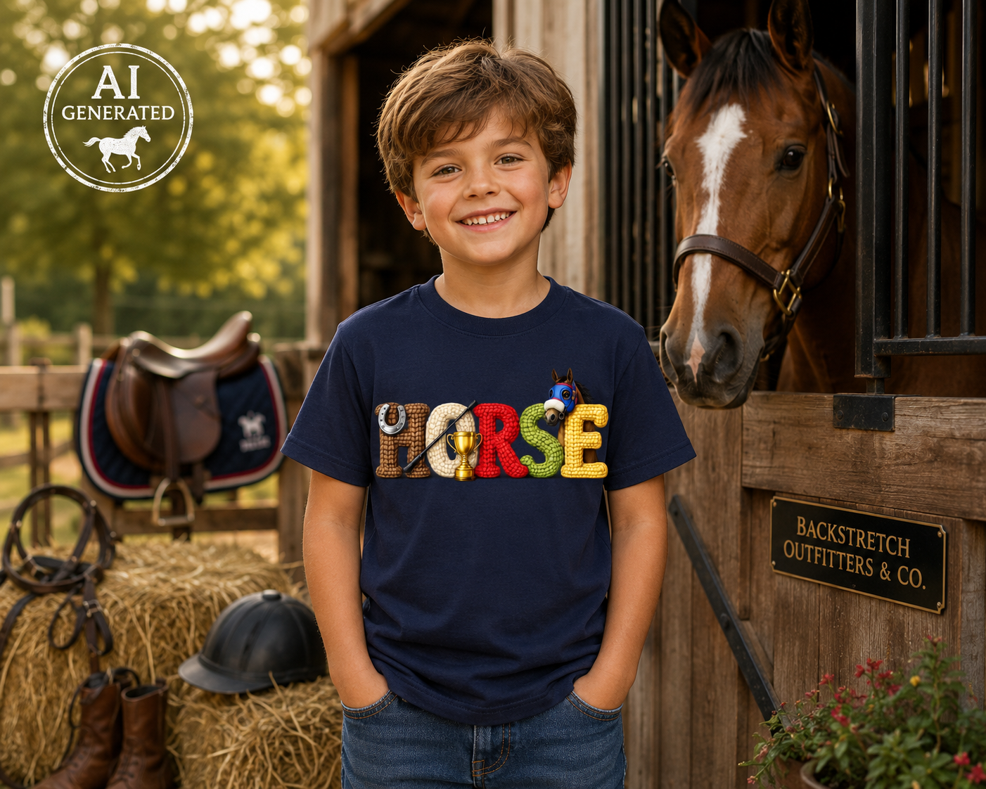 Horse Patchwork Graphic Short Sleeve Tee, Equestrian Barn Life Apparel