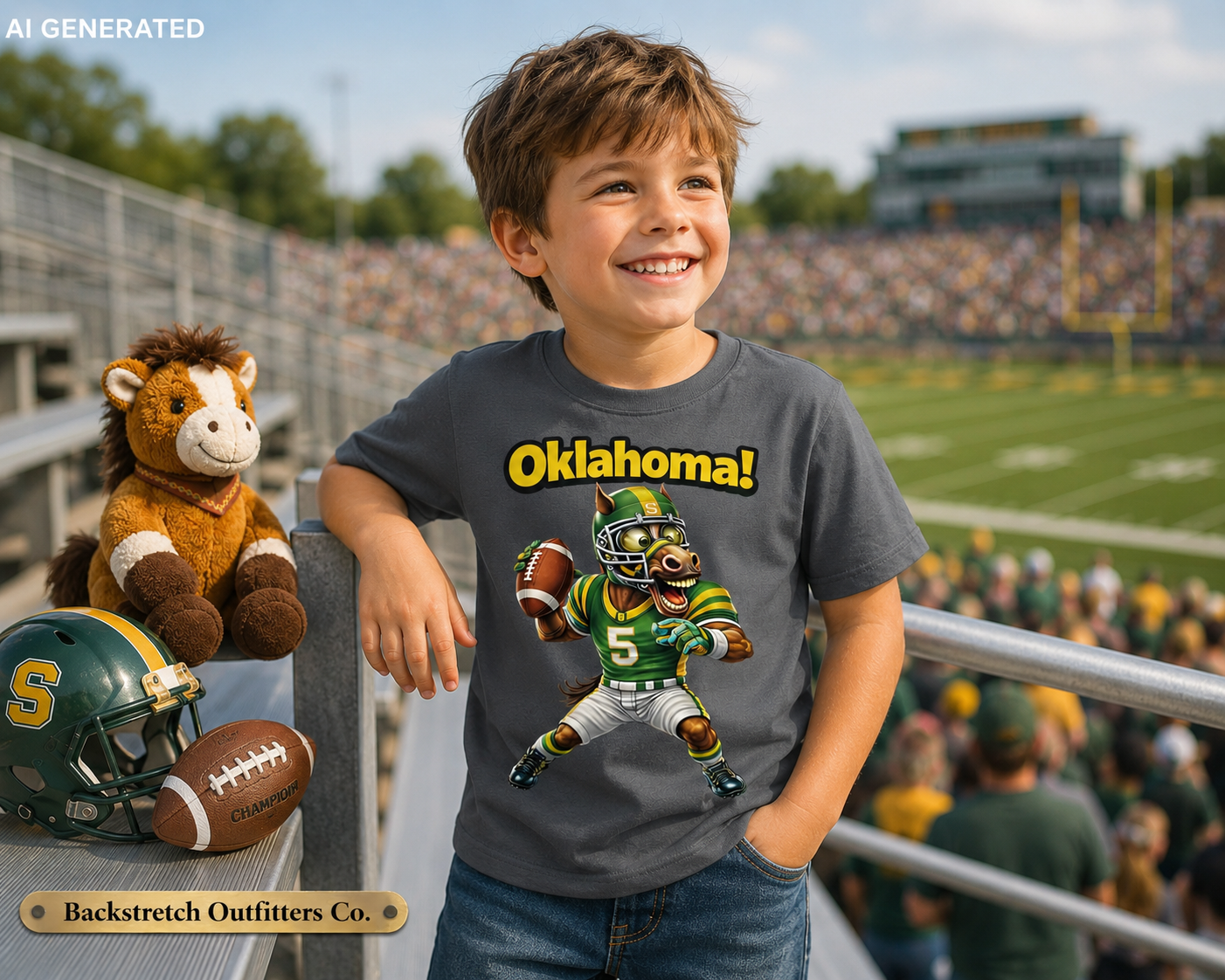 Kids Oklahoma Horse Football Shirt, Funny Horse Football Tee, Youth Sports Fan Shirt, Cartoon Horse Tee, Game Day Kids Gift