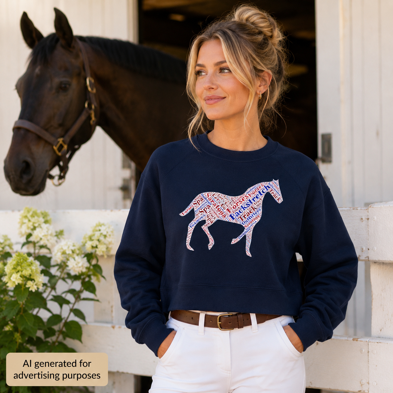 Patriotic Horse Cropped Sweatshirt, Women’s Horse Racing Crewneck, Red White Blue Equestrian Gift, American Racehorse Pullover