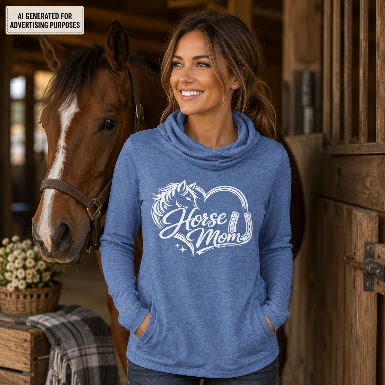 Horse Mom Cowl Neck Hoodie, Women’s Equestrian Pullover, Horse Lover Gift, Horseshoe Heart Riding Sweatshirt