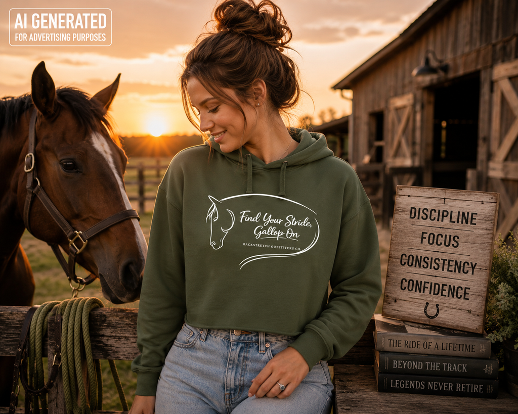 Find Your Stride Gallop On Cropped Horse Hoodie, Women’s Equestrian Sweatshirt, Inspirational Horse Lover Gift, Black Riding Top