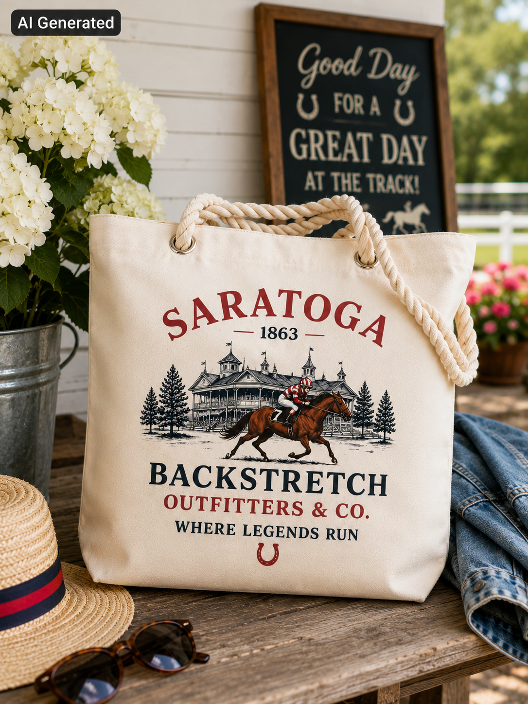 Saratoga Canvas Tote Bag | Backstretch Outfitters & Co. Horse Racing Beach & Market Tote with Rope Hand