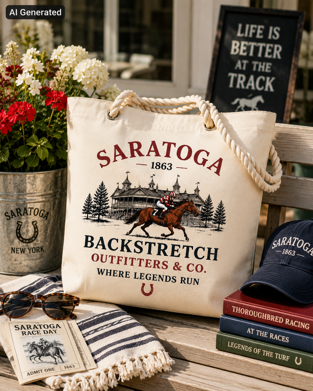 Saratoga Canvas Tote Bag | Backstretch Outfitters & Co. Horse Racing Beach & Market Tote with Rope Hand