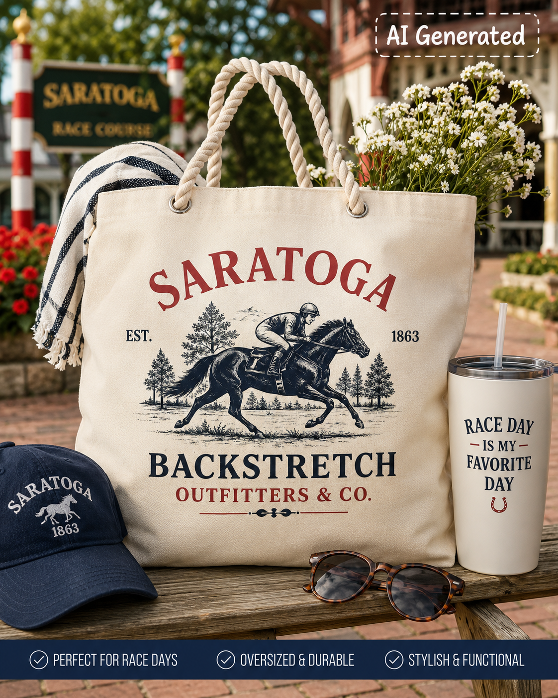 Saratoga Horse Canvas Tote Bag | Vintage Equestrian Beach & Market Tote | Backstretch Outfitters & Co.