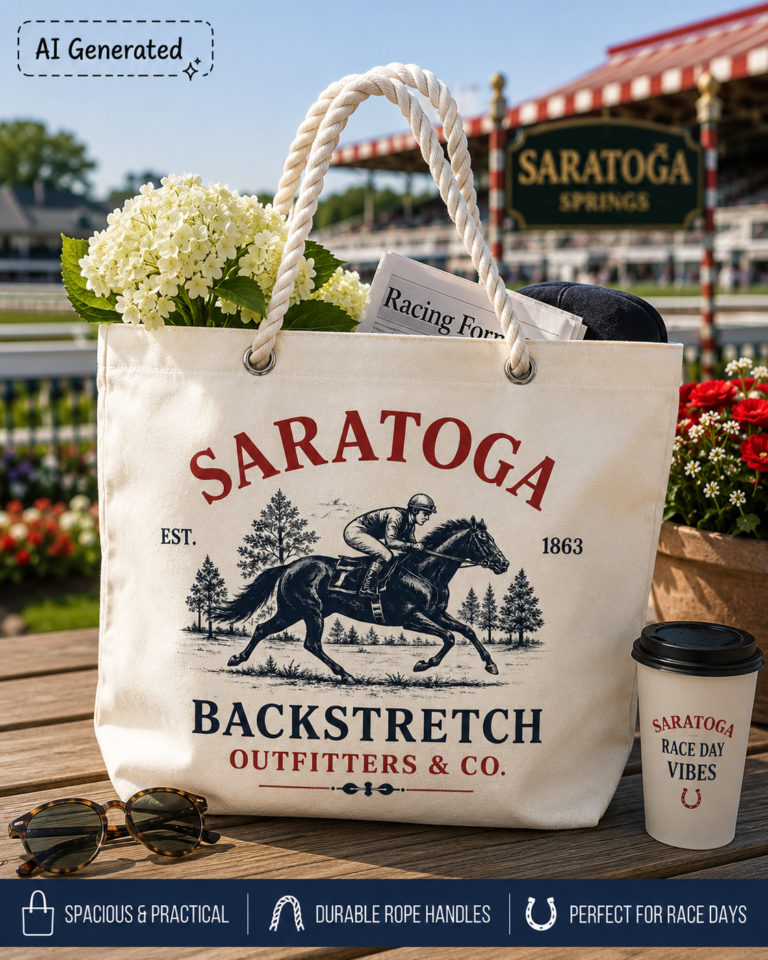 Saratoga Horse Canvas Tote Bag | Vintage Equestrian Beach & Market Tote | Backstretch Outfitters & Co.