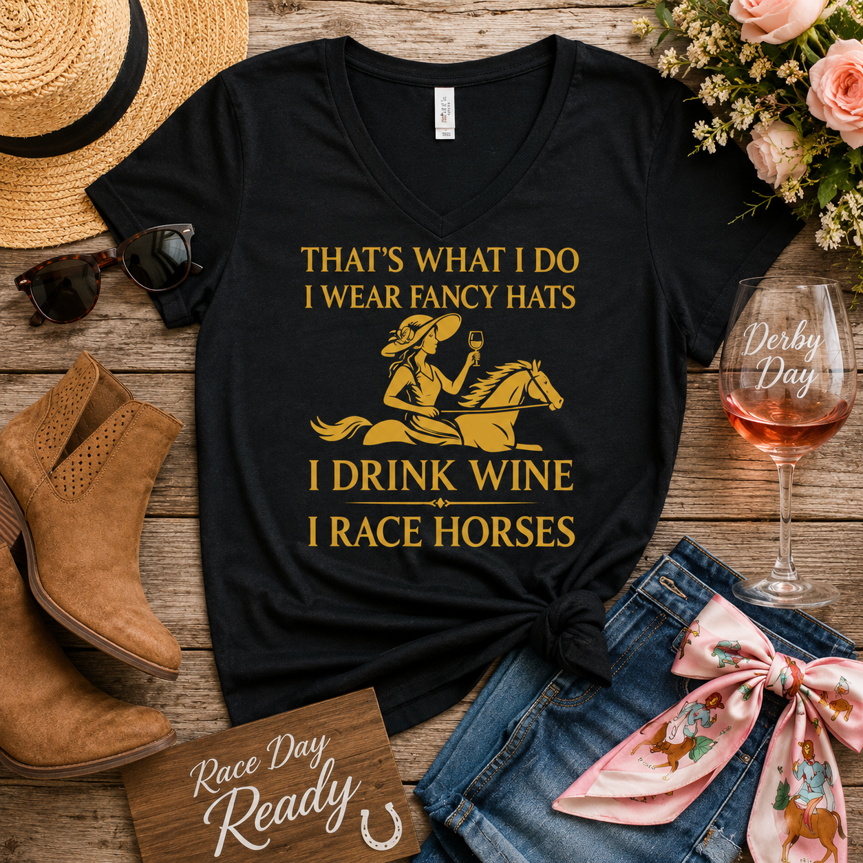 Fancy Hats Wine and Race Horses V-Neck Shirt, Women’s Horse Racing Tee, Funny Race Day Top, Equestrian Wine Lover Gift