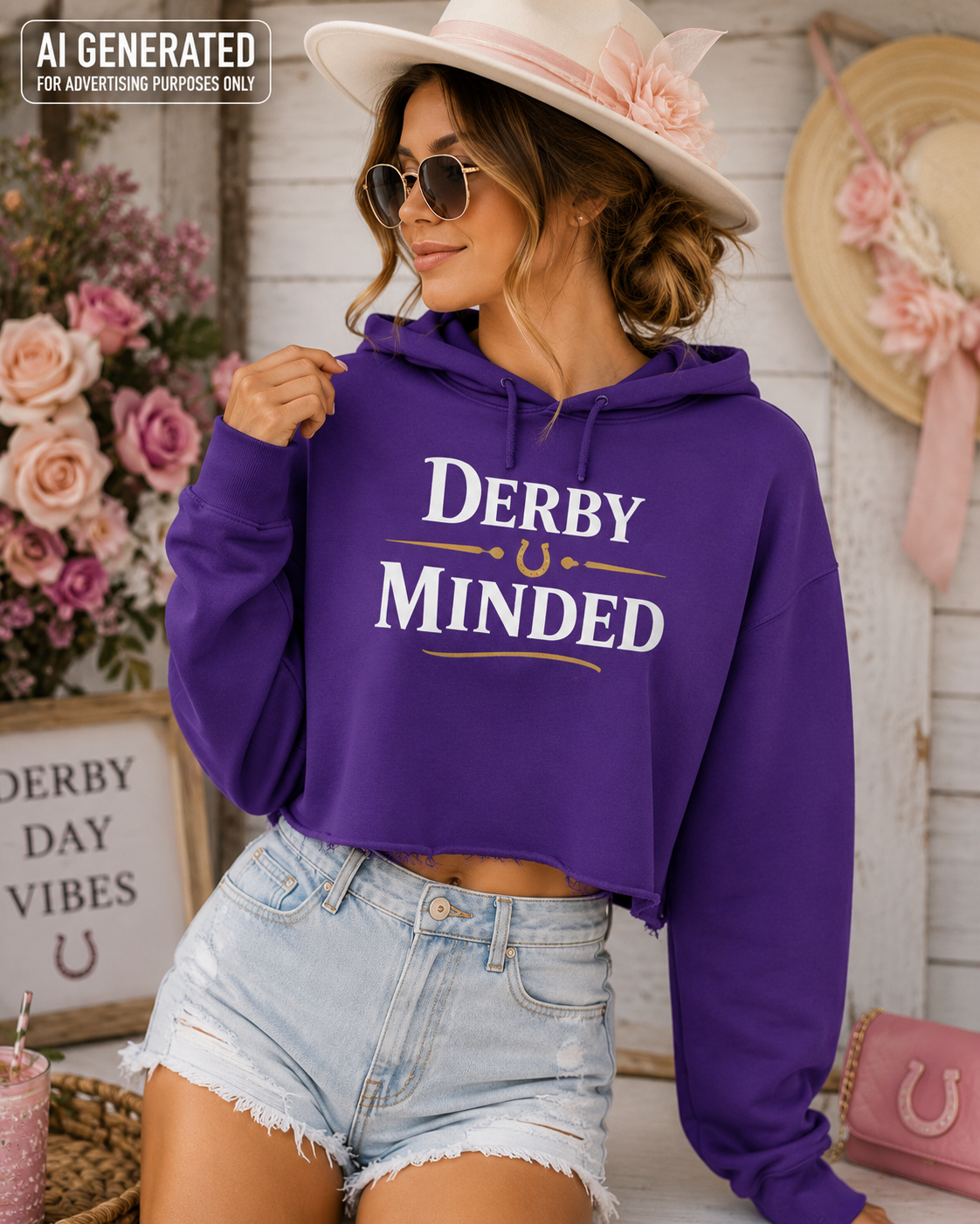 Derby Minded Cropped Hoodie, Women’s Horse Racing Sweatshirt, Purple Derby Day Outfit, Equestrian Race Fan Gift