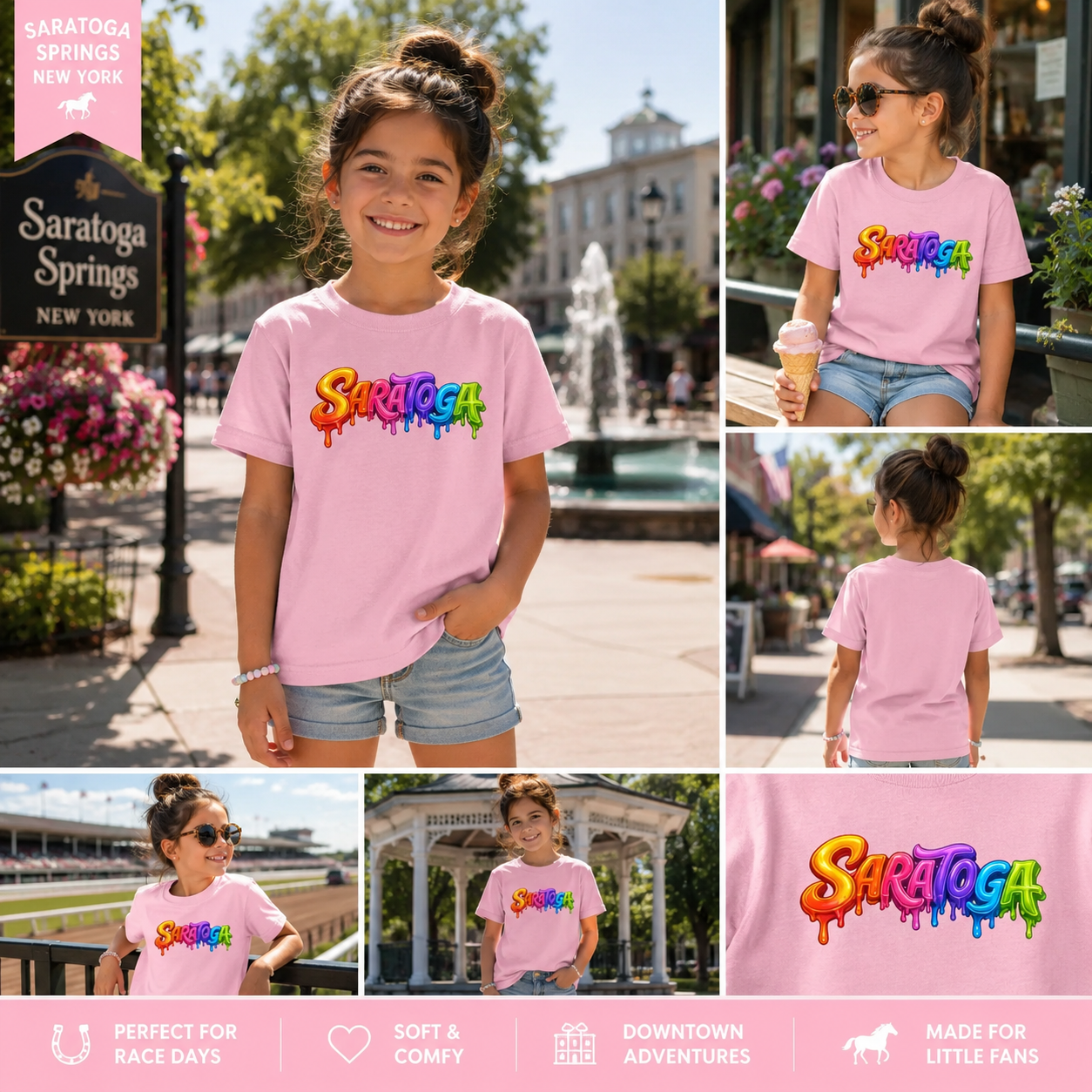 Saratoga Rainbow Drip Kids T-Shirt | Colorful Youth Horse Racing Tee | Fun Saratoga Springs Graphic Shirt