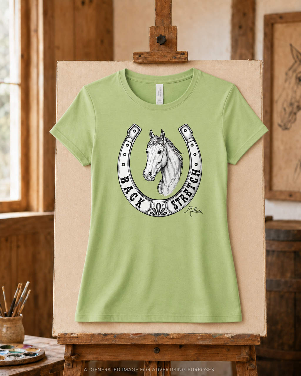 Women’s Horse and Horseshoe T-Shirt, Backstretch Racing Shirt, Lucky Equestrian Tee, Signed Horse Art by Mattison Stark