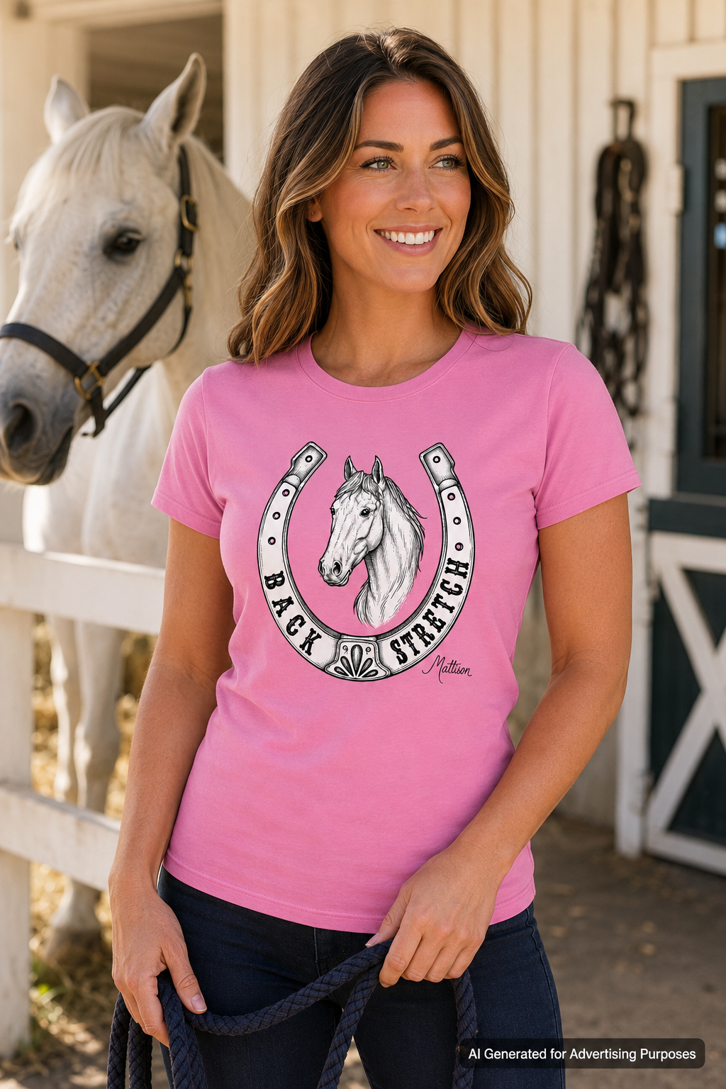 Women’s Horse and Horseshoe T-Shirt, Backstretch Racing Shirt, Lucky Equestrian Tee, Signed Horse Art by Mattison Stark