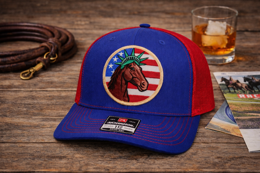 Patriotic Horse Trucker Hat, American Horse Lover Hat, Equestrian Mesh Cap, USA Horse, Fourth of July Hat, Gift for Horse Lovers, Race Horse
