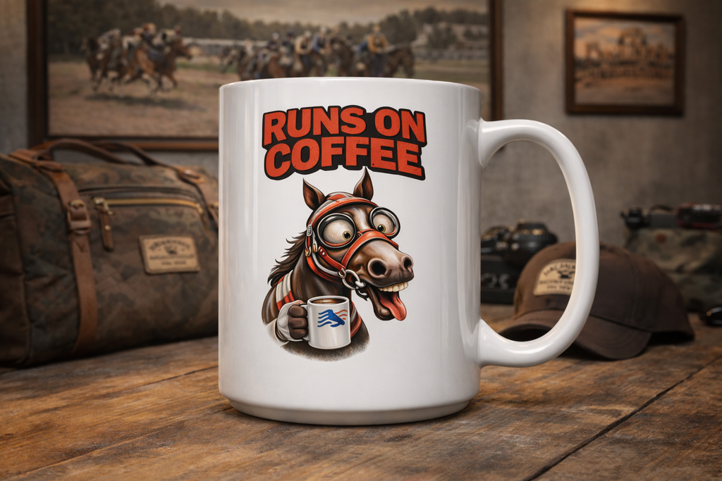 Coffee Horse Mug — "Runs On Coffee" 11oz Ceramic Coffee Cup