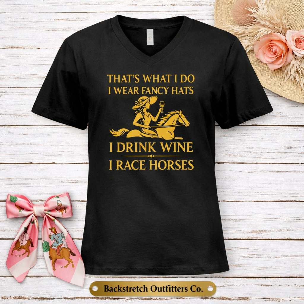 BSCO Ladies Black/Gold Short Sleeve Bella V-Neck T-Shirt | Fancy Hats Wine & Race Horses