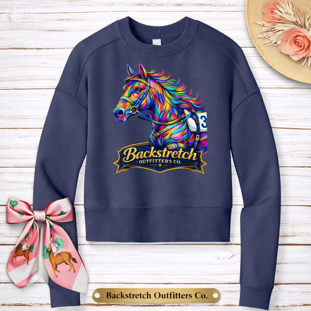 BSCO Backstretch Logo Colorful Horse District Women's Pullover Fleece Cropped Crew Sweatshirt