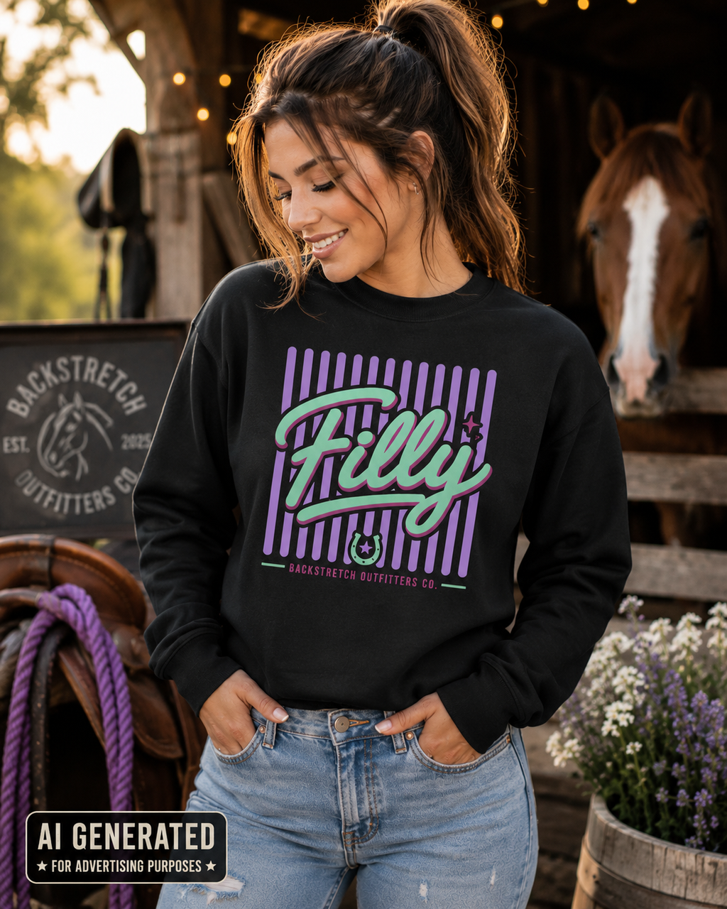 Filly Sweatshirt for Women, Horse Girl Crewneck, Retro Equestrian Sweatshirt, Horse Racing Apparel, Cowgirl Gift, Backstretch Shirt