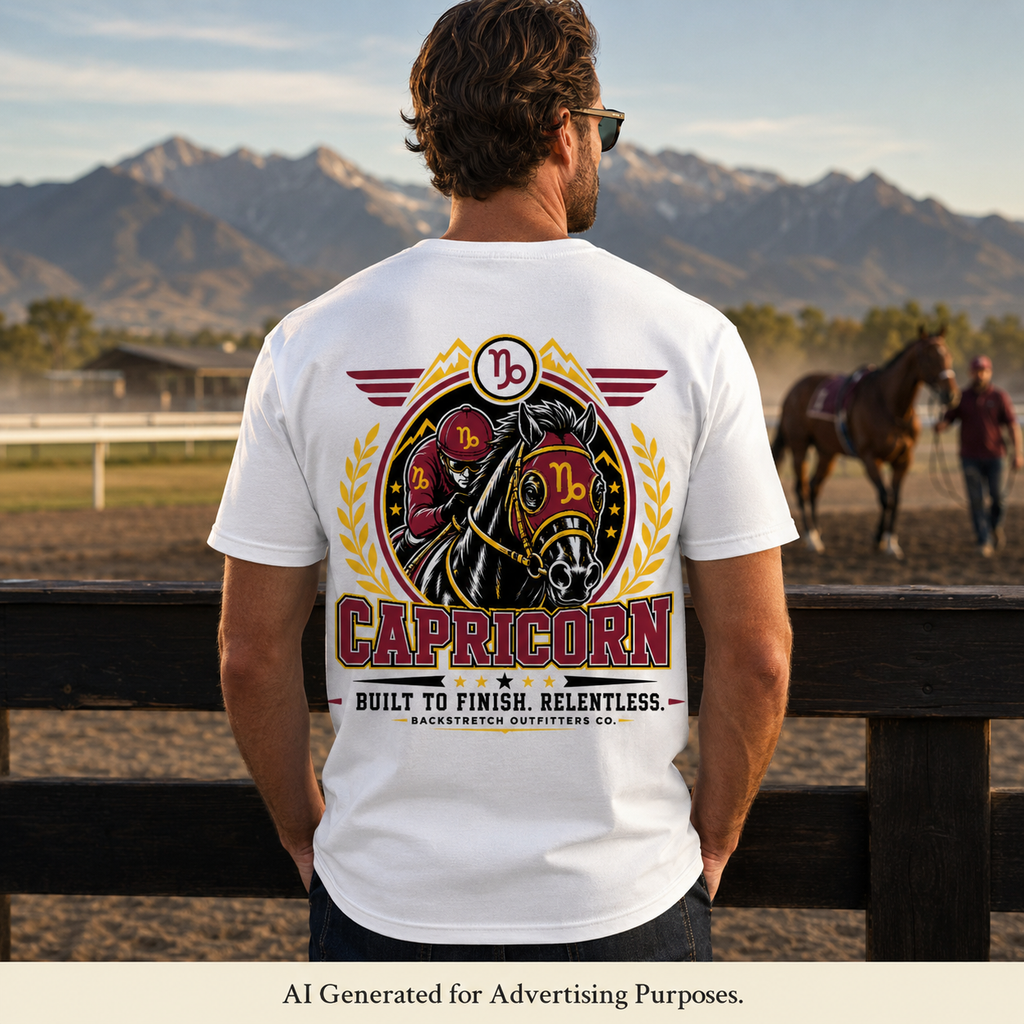 Capricorn Horse Racing Shirt, Men’s Zodiac Graphic Tee, Racehorse Jockey Back Print, Astrology Gift for Racing Fans