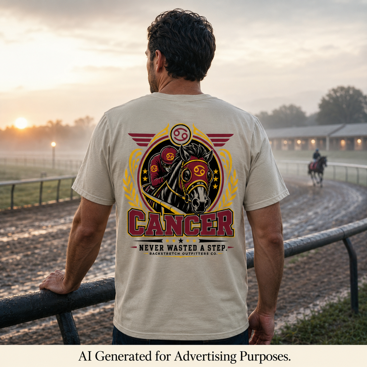 Cancer Horse Racing Shirt, Men’s Zodiac Graphic Tee, Racehorse Jockey Back Print, Astrology Gift for Racing Fans