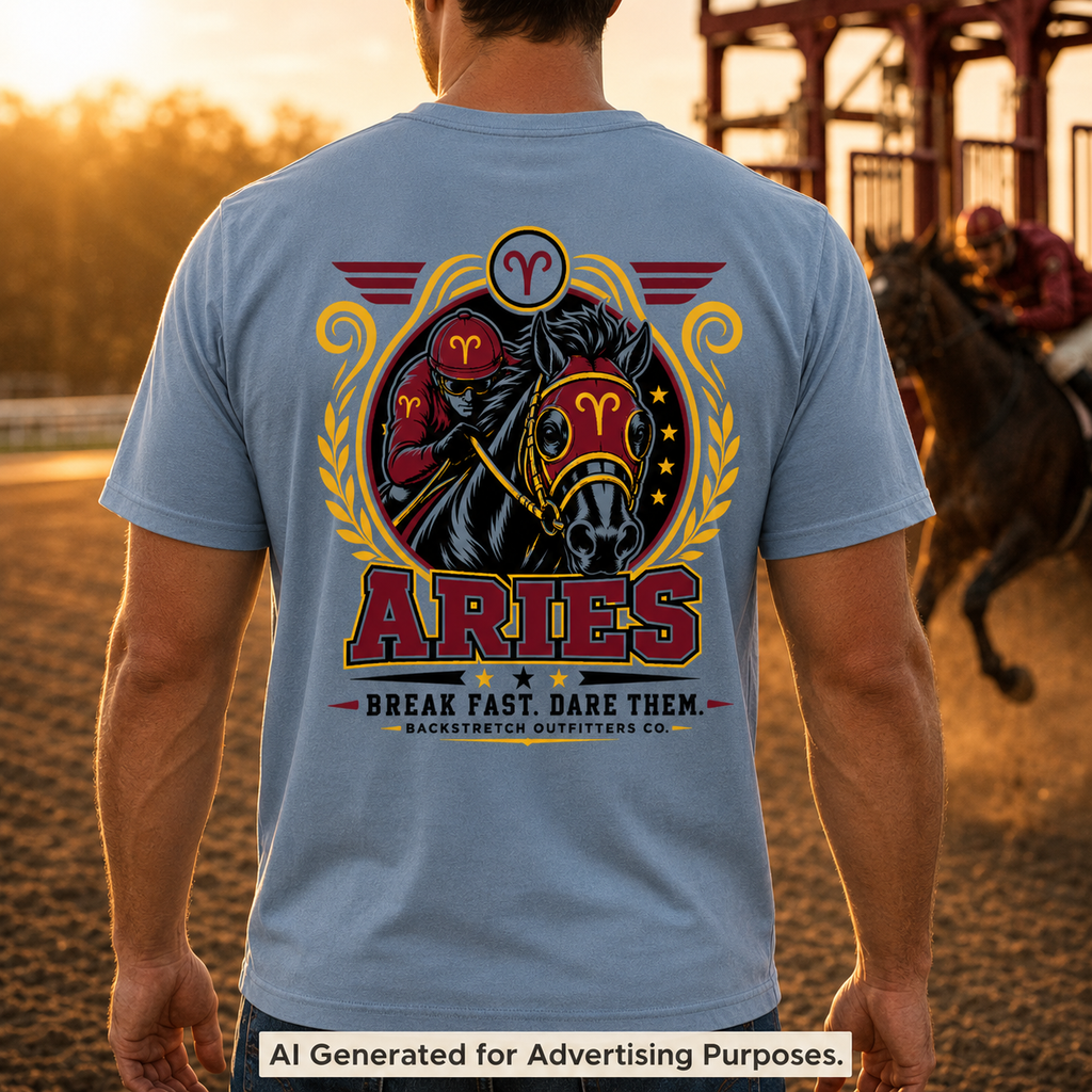 Aries Horse Racing Shirt, Men’s Zodiac Graphic Tee, Racehorse Jockey Back Print, Astrology Gift for Racing Fans