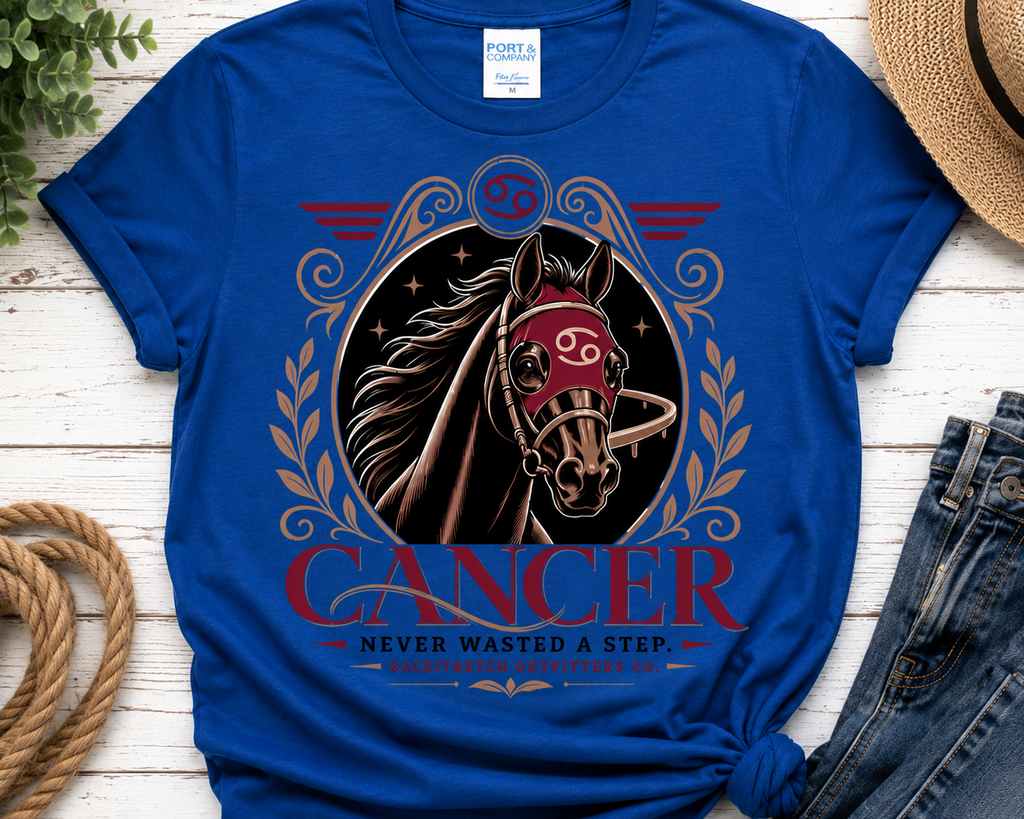Cancer Zodiac Horse Shirt, Horse Racing Zodiac Tee, Cancer Astrology Gift, Horse Lover Shirt, Equestrian Graphic Tee for Women