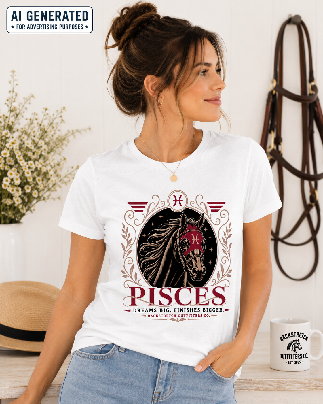 Pisces Horse Racing Zodiac Shirt for Women, Dreams Big Finishes Bigger Tee, Horse Lover Zodiac Gift, Equestrian Astrology Shirt, Backstretch Outfitters