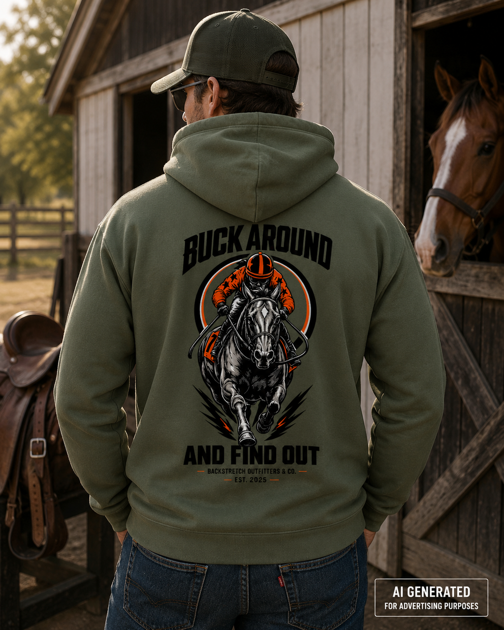 Buck Around and Find Out Hoodie | Funny Horse Racing Hoodie | Western Cowboy Horse Sweatshirt | Backstretch Outfitters Co | Equestrian Gift for Men