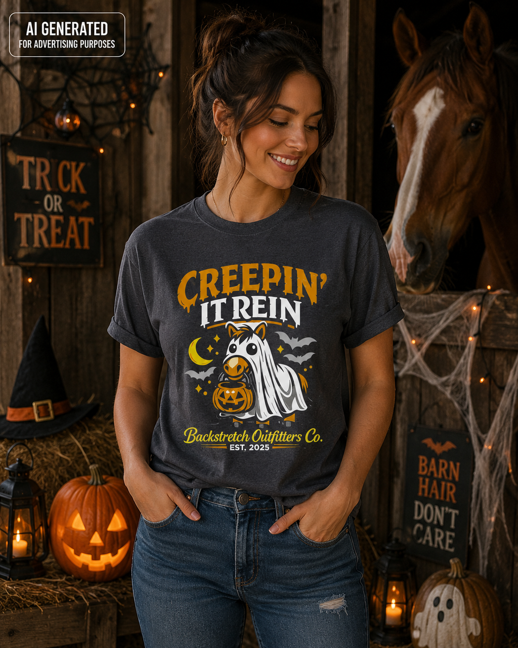 Creepin' It Rein Halloween Horse Shirt | Funny Ghost Horse T-Shirt | Cute Equestrian Halloween Tee | Horse Lover Fall Shirt | Backstretch Outfitters Co.