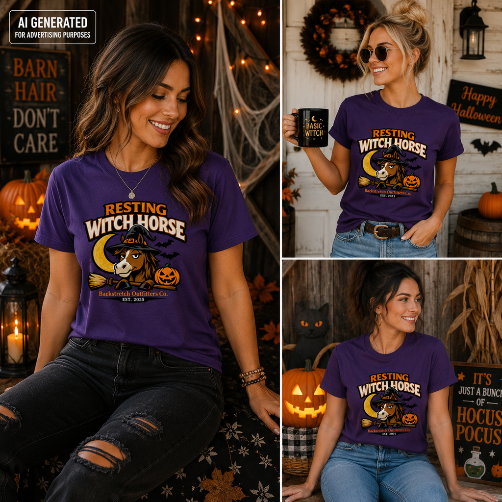 Resting Witch Horse Halloween Shirt for Women | Funny Horse Lover Halloween Tee | Cute Ghost Horse T-Shirt | Spooky Fall Equestrian Shirt | Backstretch Outfitters Co.