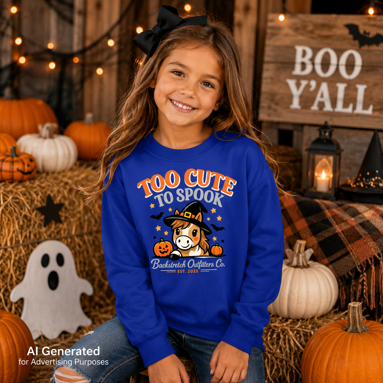 Too Cute to Spook Girls Halloween Sweatshirt | Cute Horse Halloween Sweatshirt for Girls | Pony Witch Kids Fall Sweatshirt | Backstretch Outfitters Co.