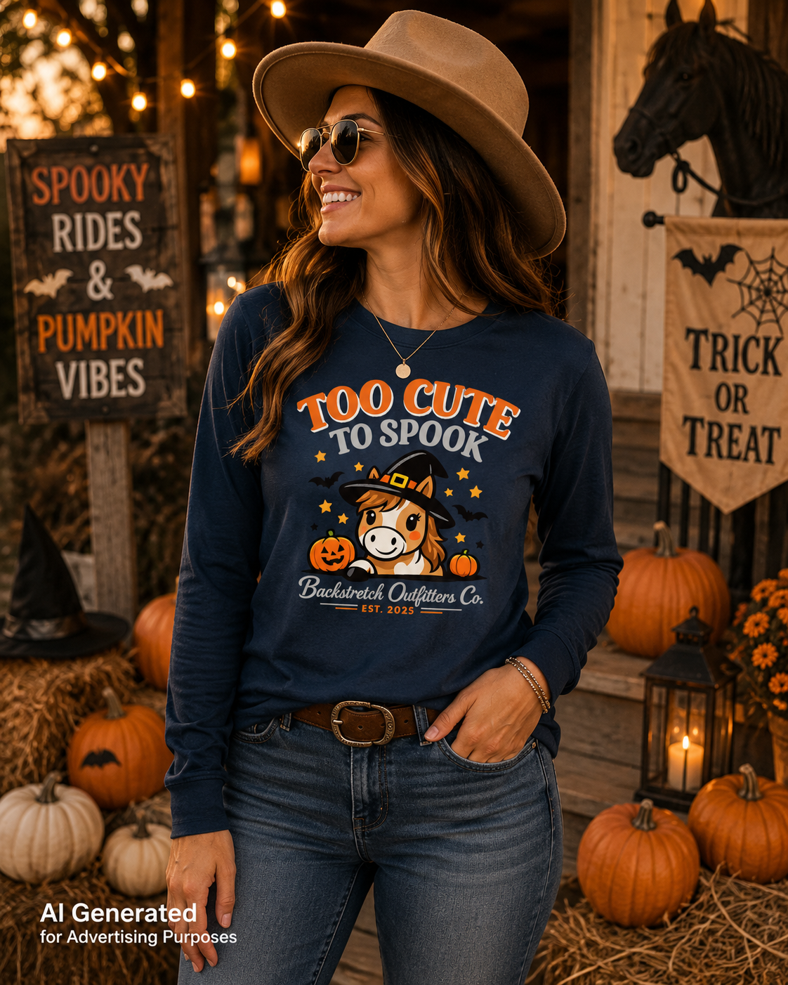 Too Cute to Spook Women's Long Sleeve Halloween Shirt | Cute Horse Halloween Long Sleeve Tee | Equestrian Fall Shirt | Pony Lover Gift | Backstretch Outfitters Co.