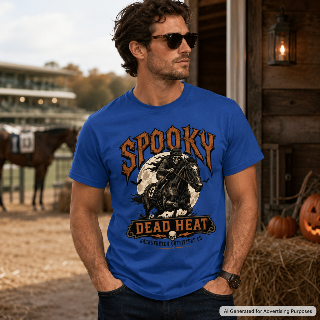 Spooky Dead Heat Horse Racing Shirt, Skeleton Jockey Halloween Tee, Backstretch Racing Graphic T-Shirt, Horse Lover Gift