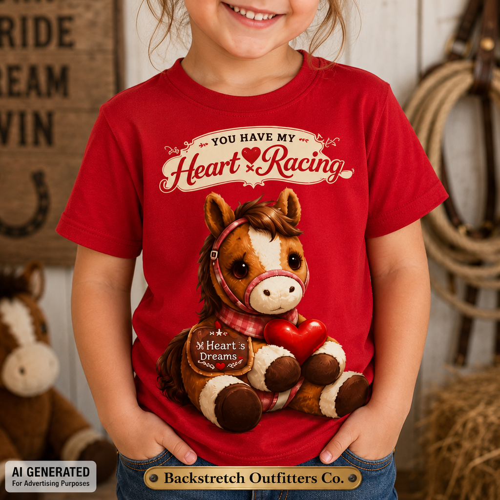 Kids Horse Racing Shirt, Heart Racing Pony Tee, Cute Racehorse Shirt for Girls, Youth Equestrian Shirt, Horse Lover Gift for Kids