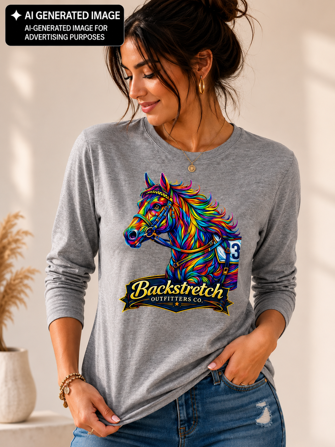 Colorful Racehorse Long Sleeve Shirt, Women’s Horse Racing Tee, Vibrant Equestrian Graphic Top, Horse Lover Gift