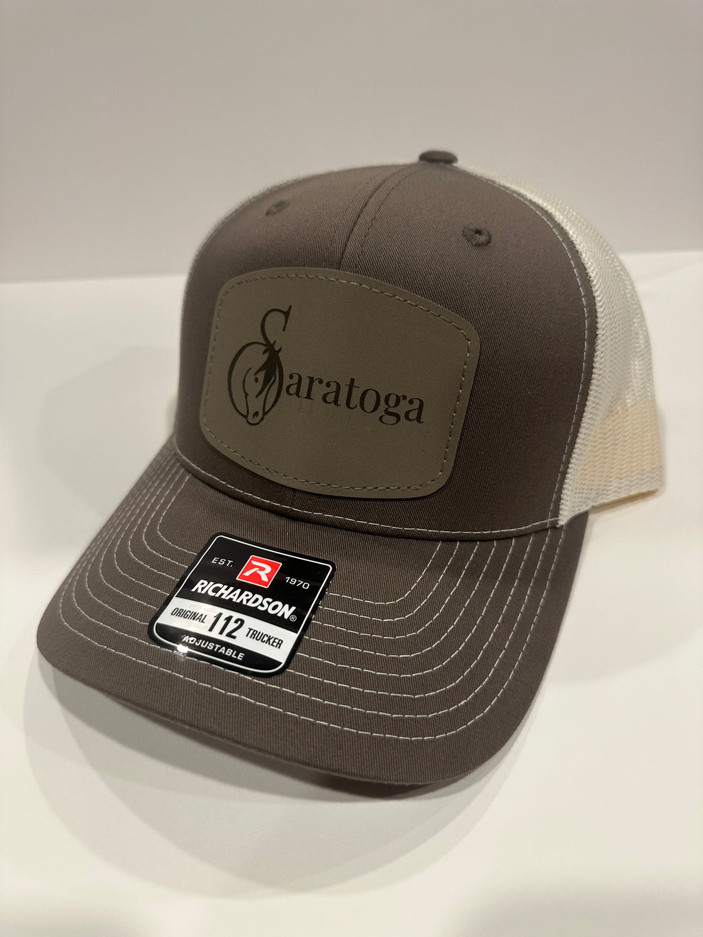 Saratoga Leather Patch Hat | Premium Mesh Snapback | Horse Racing Trucker Cap