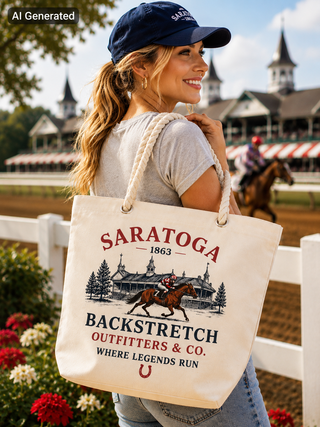 Saratoga Canvas Tote Bag | Backstretch Outfitters & Co. Horse Racing Beach & Market Tote with Rope Hand