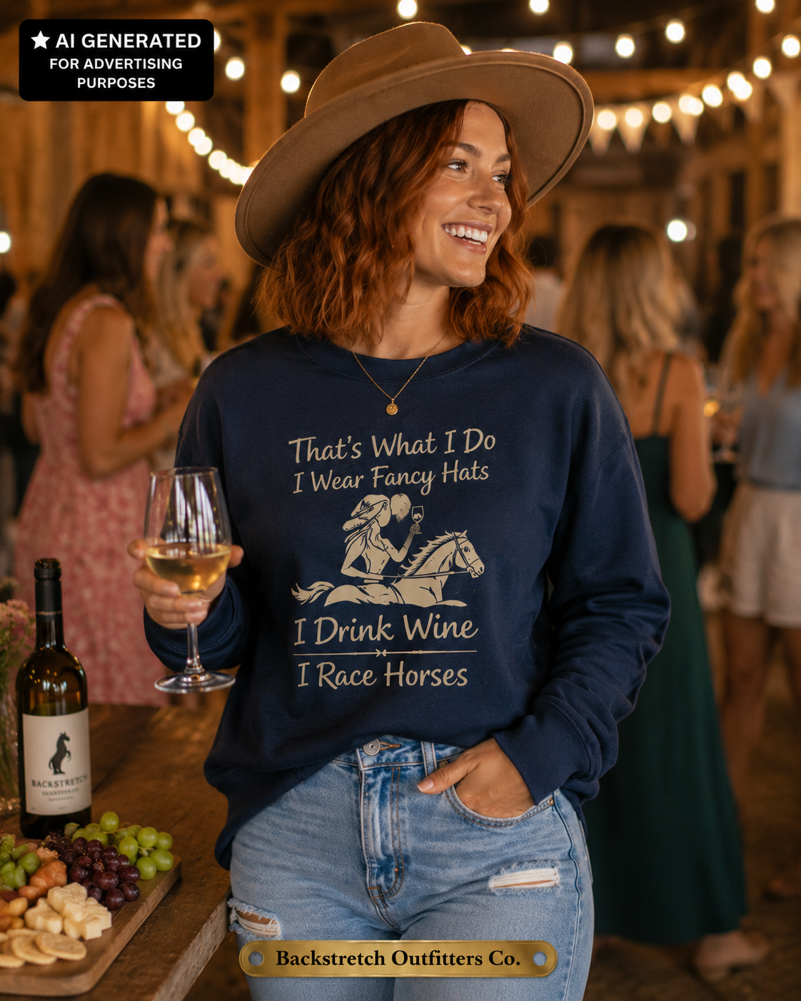 Fancy Hats Wine and Race Horses Sweatshirt, Women’s Horse Racing Crewneck, Funny Derby Day Shirt, Equestrian Wine Lover Gift