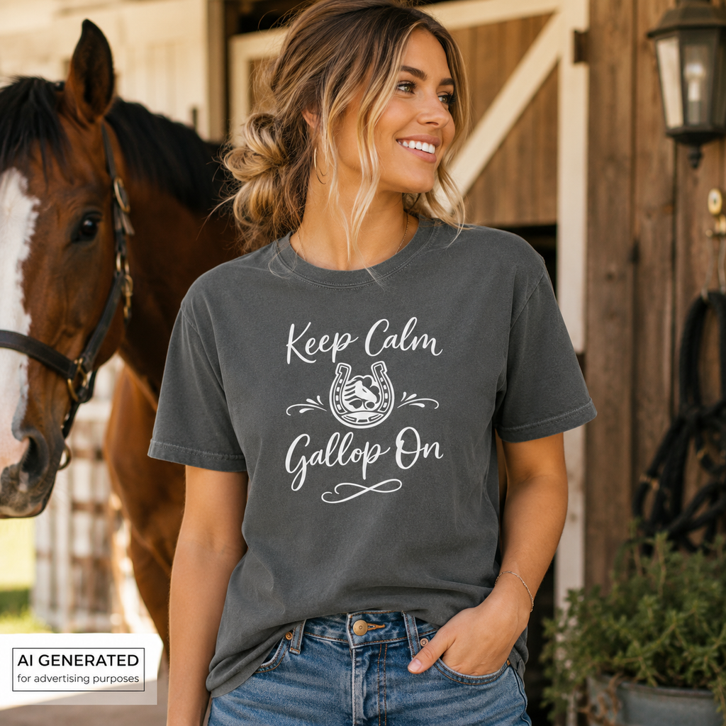 Keep Calm Gallop On Horse Shirt, Women’s Equestrian Graphic Tee, Horseshoe Riding Shirt, Horse Lover Gift for Her