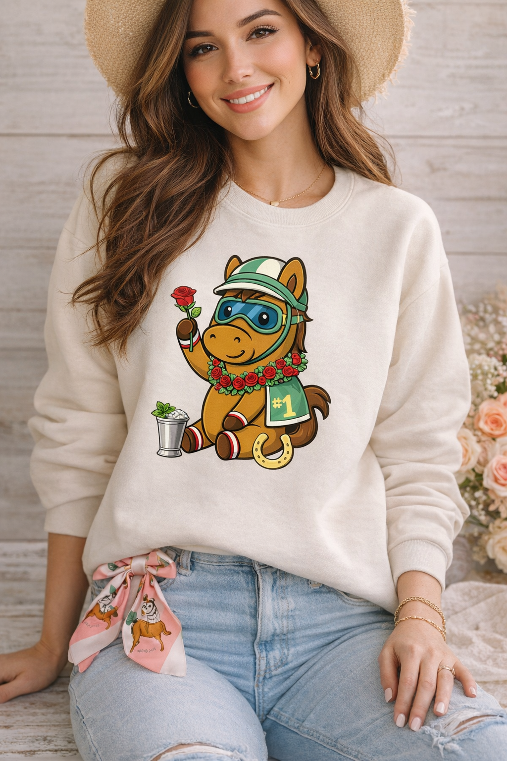 BSCO- Breezie Kentucky Derby Horse Sweatshirt – Cute Racing Horse with Roses