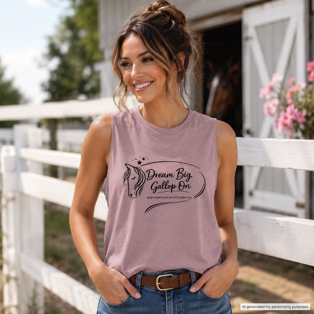 Dream Big Gallop On Horse Tank Top, Women’s Equestrian Muscle Tee, Inspirational Horse Lover Gift, Mauve Riding Shirt