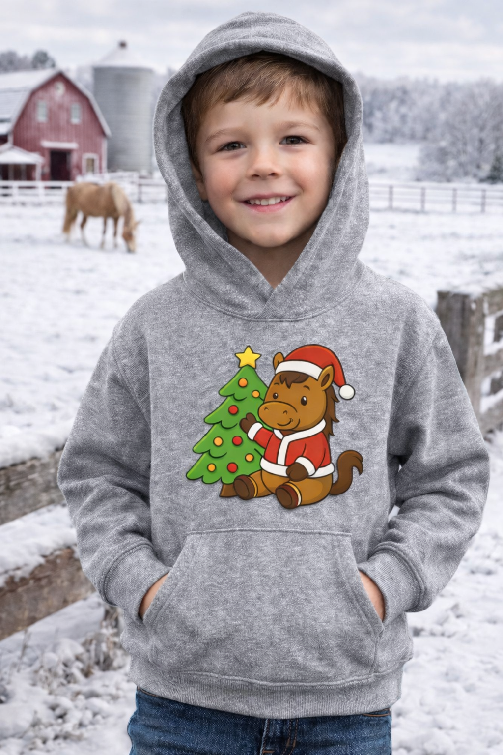BSCO Breezie Santa Childrens Sweatshirt-ids Christmas Horse Hoodie – Farm Winter Holiday Sweatshirt for Children | Cute Santa Horse Graphic