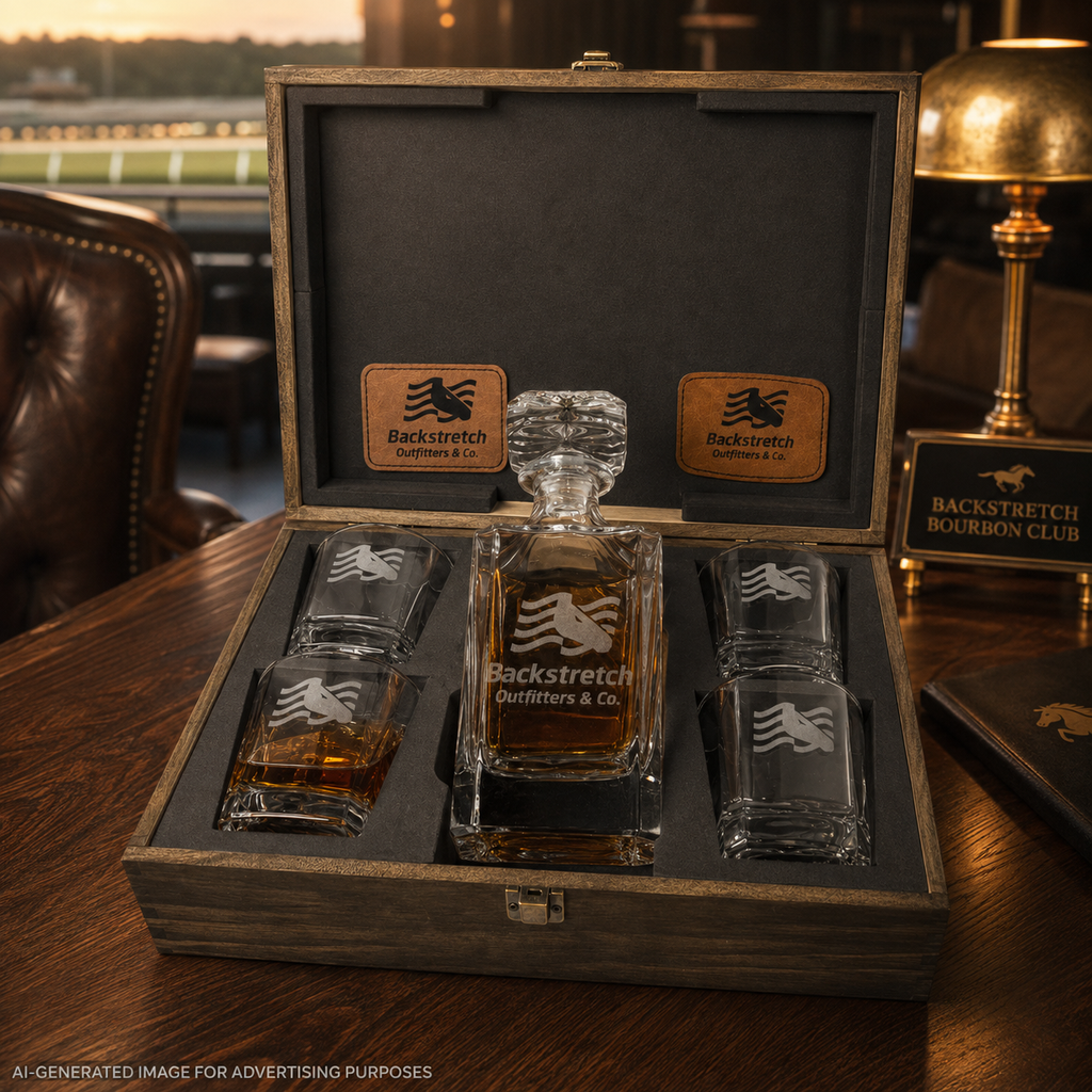 Personalized Whiskey Decanter Set with 4 Engraved Glasses, Custom Wooden Gift Box, Horse Racing Bourbon Gift, Backstretch Barware