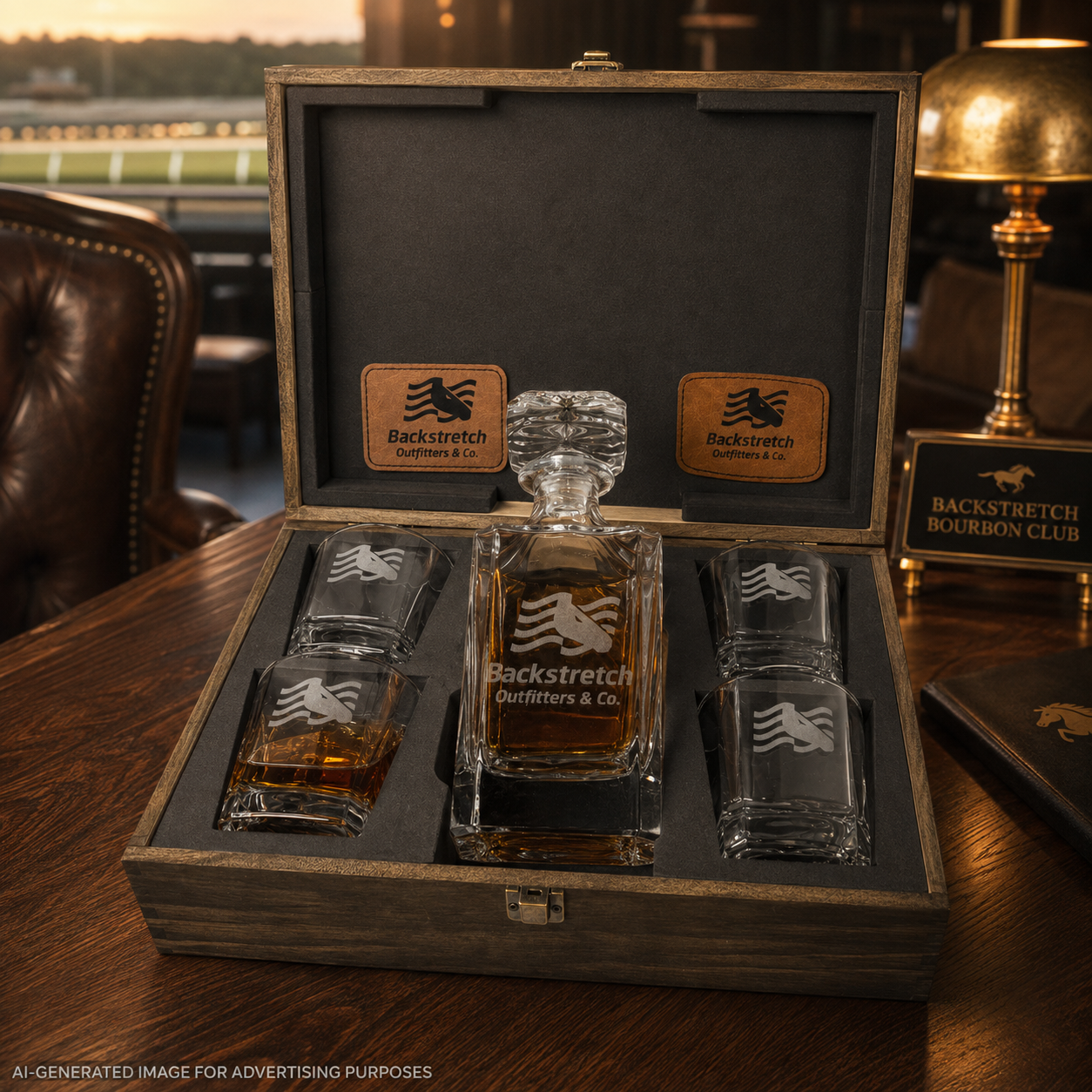 Personalized Whiskey Decanter Set with 4 Engraved Glasses, Custom Wooden Gift Box, Horse Racing Bourbon Gift, Backstretch Barware